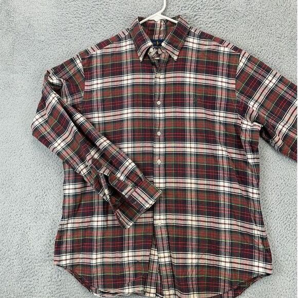 Ralph Lauren Flannel Shirt Mens Large Red Madras Plaid Classic Pony Button Down